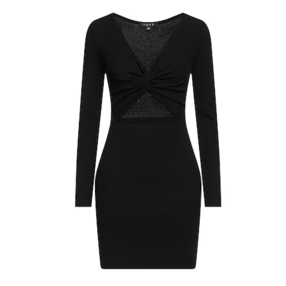 FORE - Cut Out Knit Long Sleeve V-Neck Mini Dress in Black | Size Small